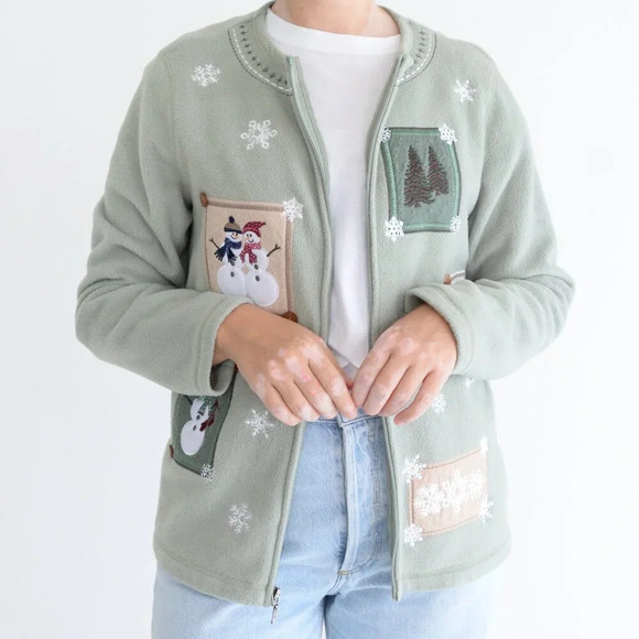 Vintage Croft & Barrow Sage Embroidered Snowman Christmas Zip Fleece Cardigan M - Picture 2 of 11